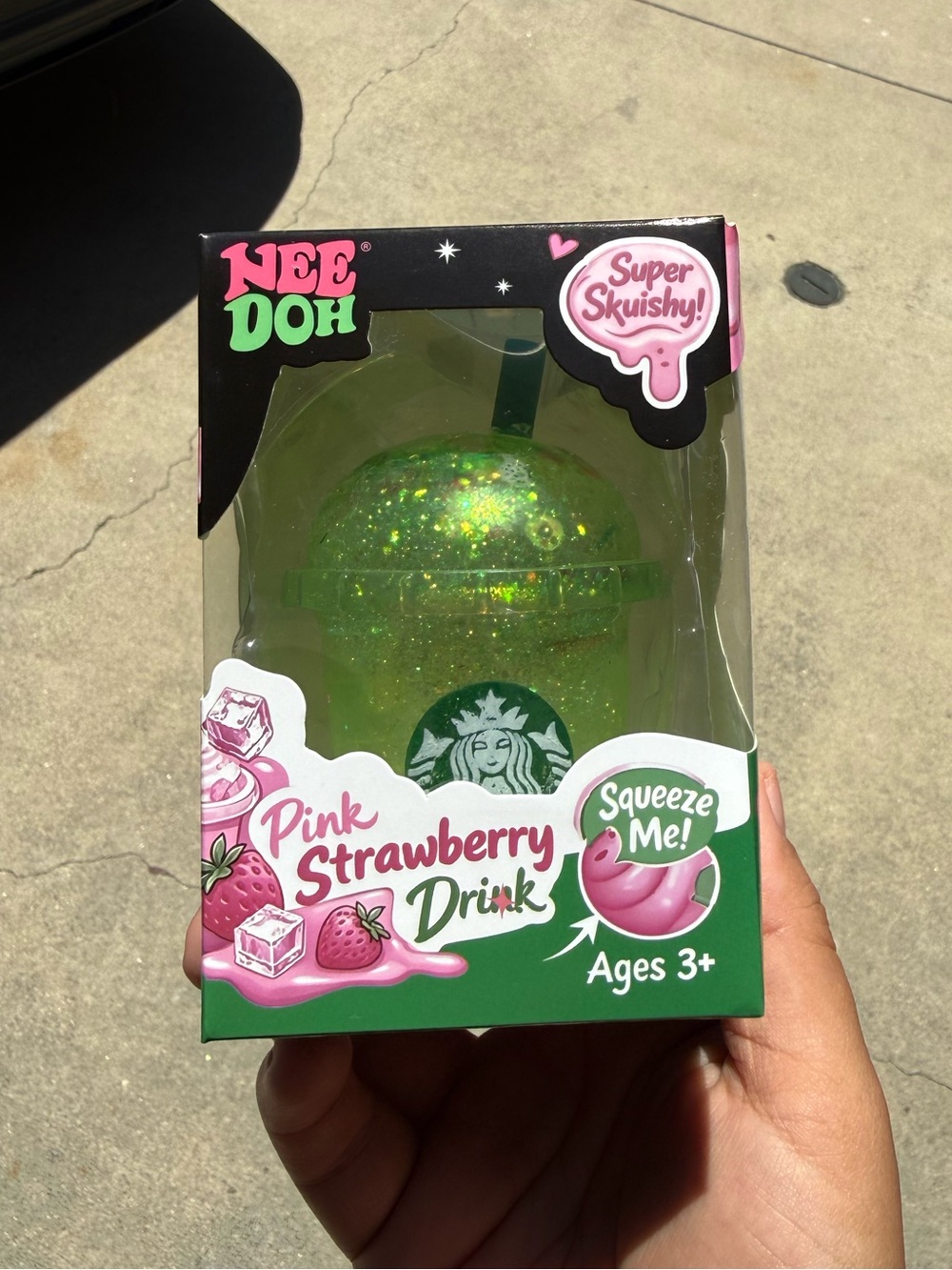 Pink Strawberry Drink Super Squishy Toy - Green Glitter
